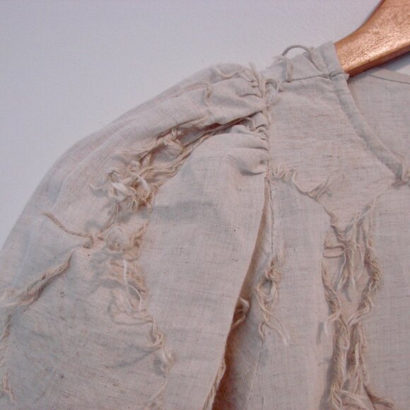 Zara Linen Blend Peplum Top Boho Hippie Fringe Puff Sleeve Natural Beige Small - Picture 9 of 16